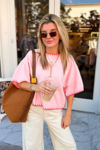 Pink and Orange Stitch Mock Neck Sweater