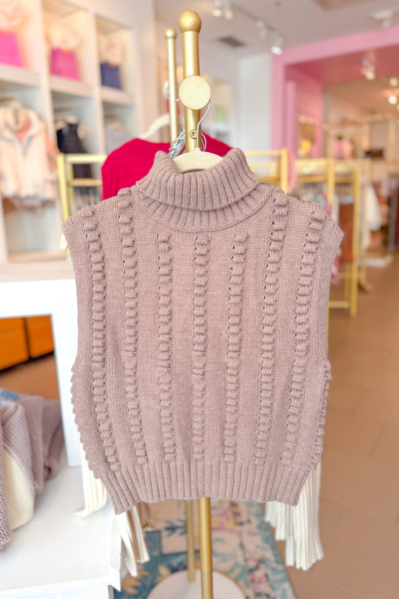 Taupe Textured Sleeveless Turtleneck Sleeveless Sweater