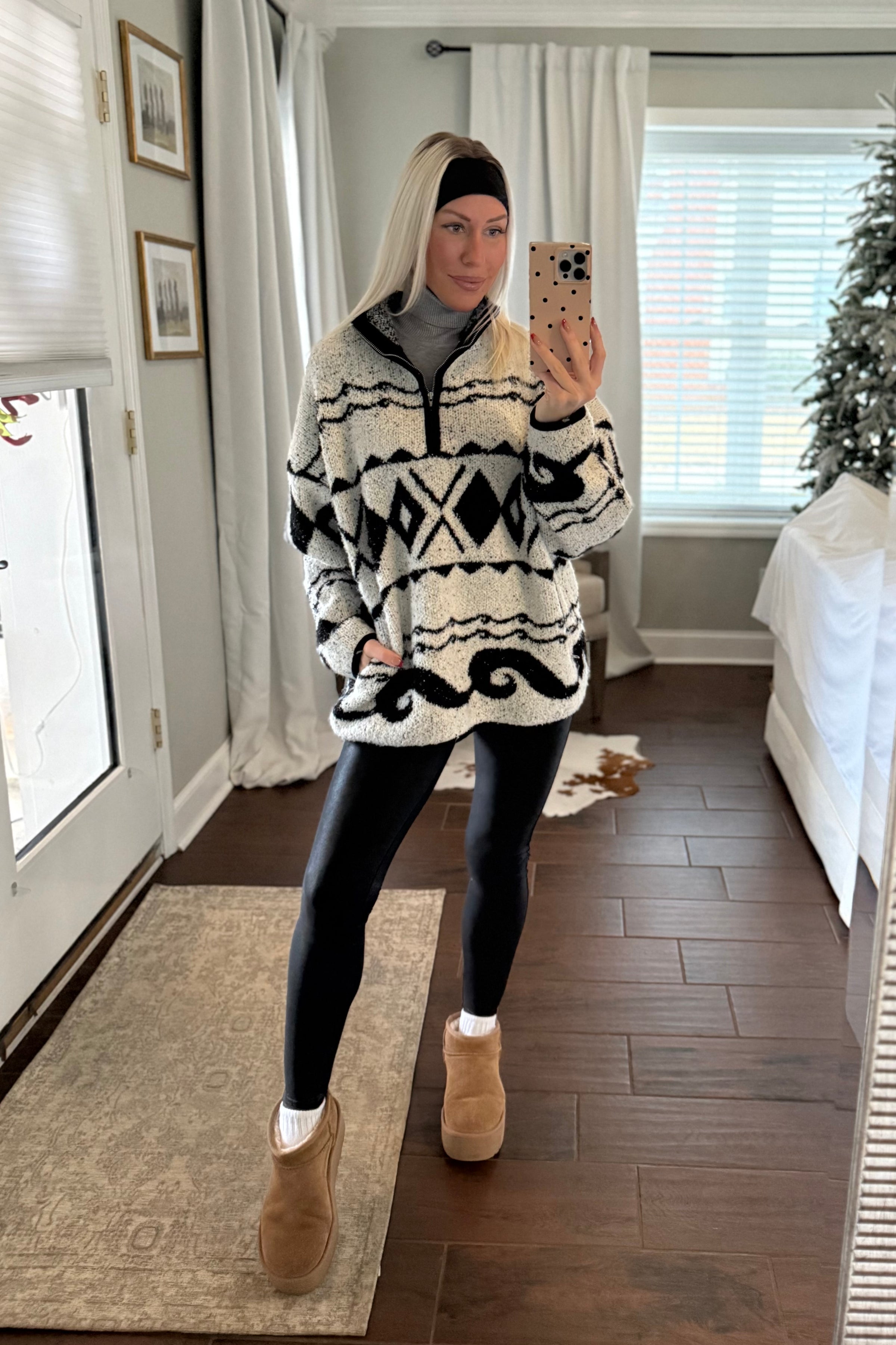 Black and White Patterned Oversized Quarter Zip