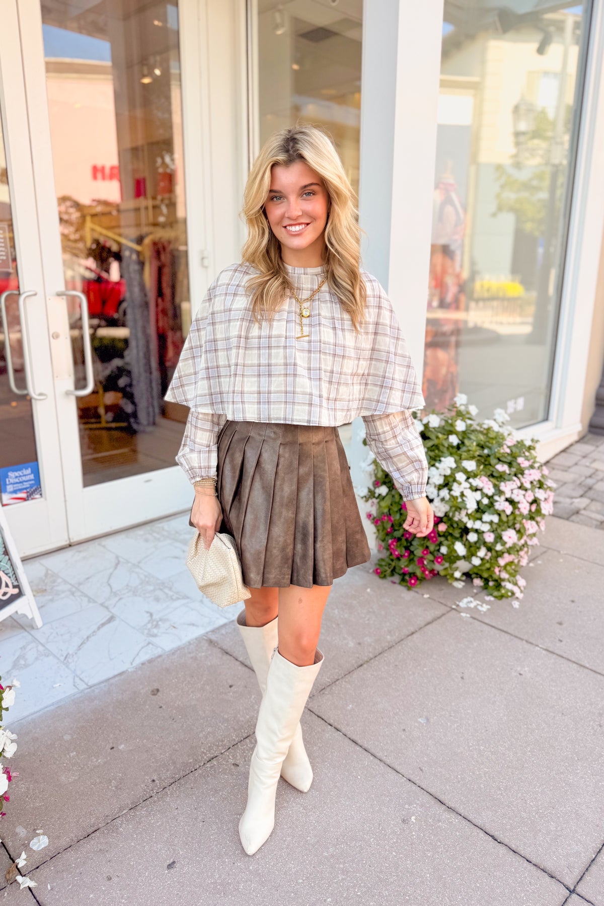 Brown Faux Leather Pleated Mini Skirt