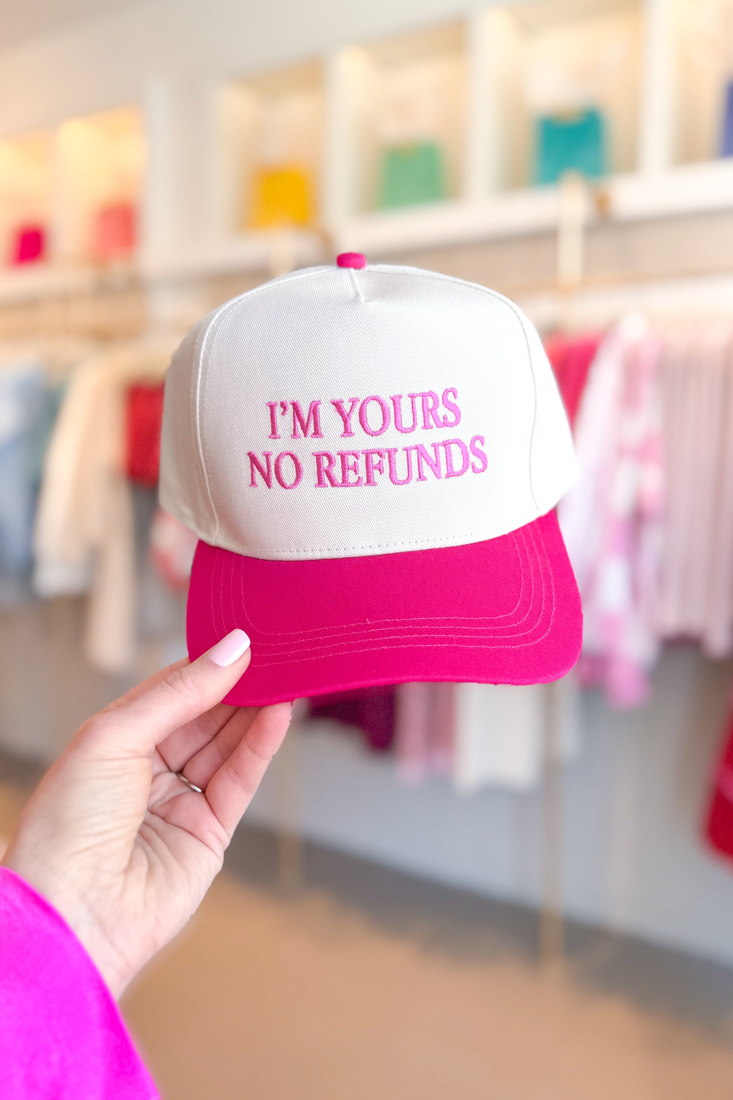 I'm Yours No Refunds Embroidered Trucker Hat - Hot Pink
