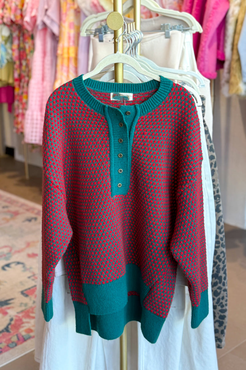 Green and Red Point Knit Henley Neck Knit Sweater