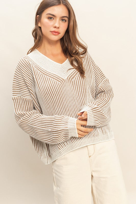 Taupe Ribbed Knit V-Neck Sweater