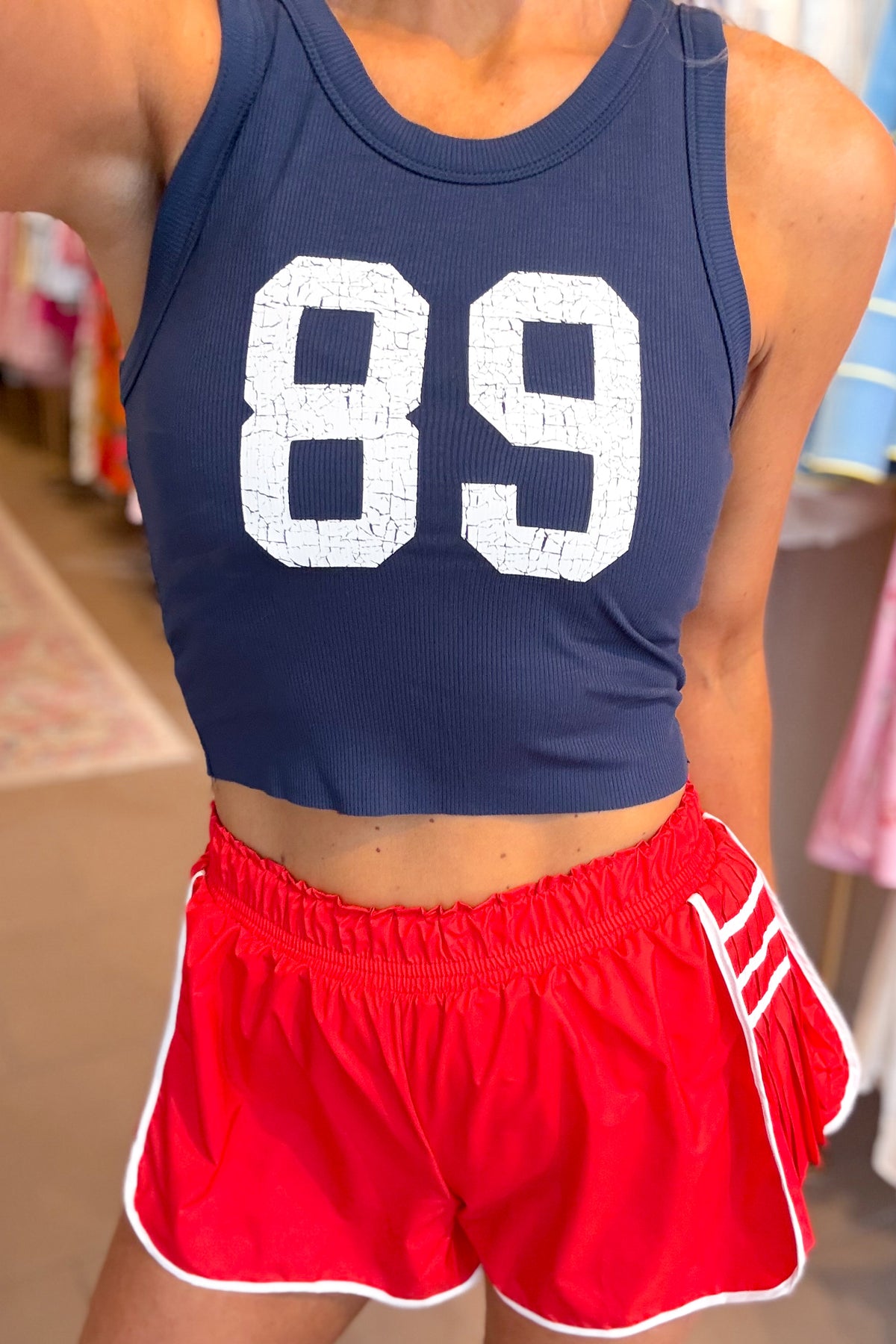 On Point Red and White Pleated Detail Athletic Shorts