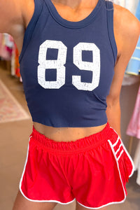 On Point Red and White Pleated Detail Athletic Shorts