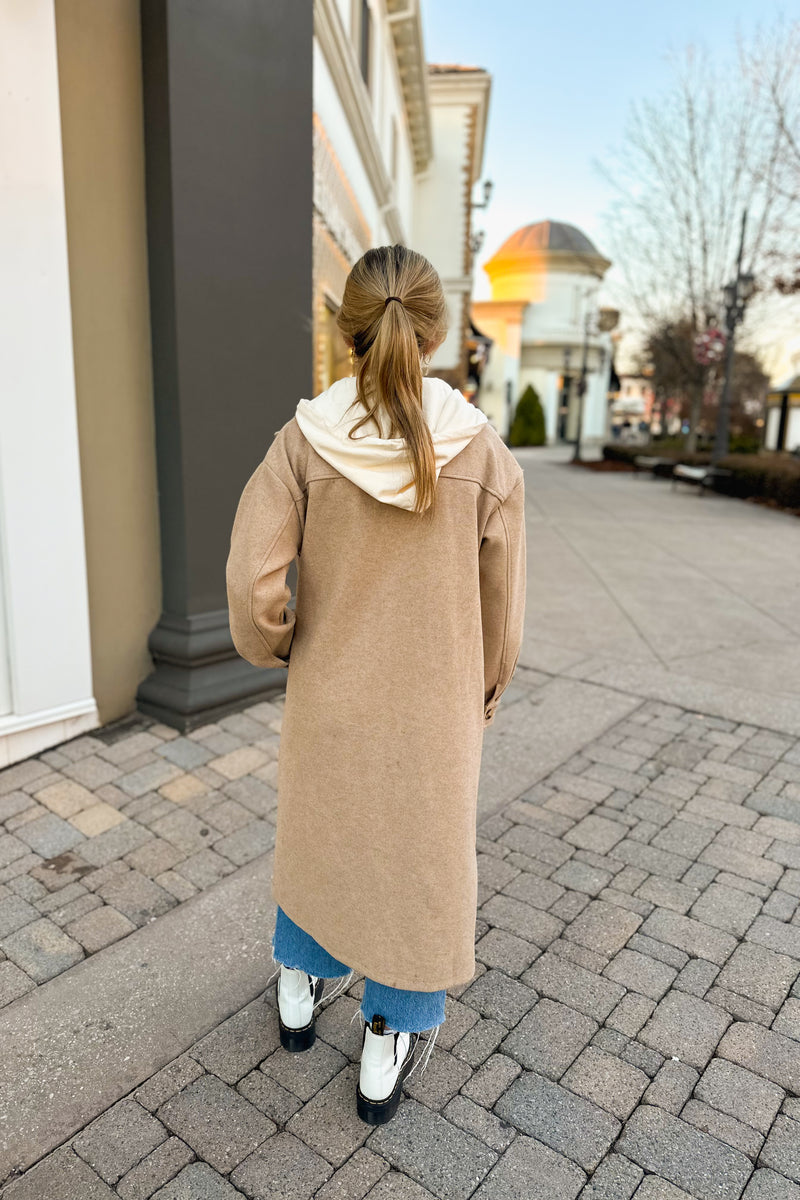 Mocha Longline Jacket With Built In Hoodie