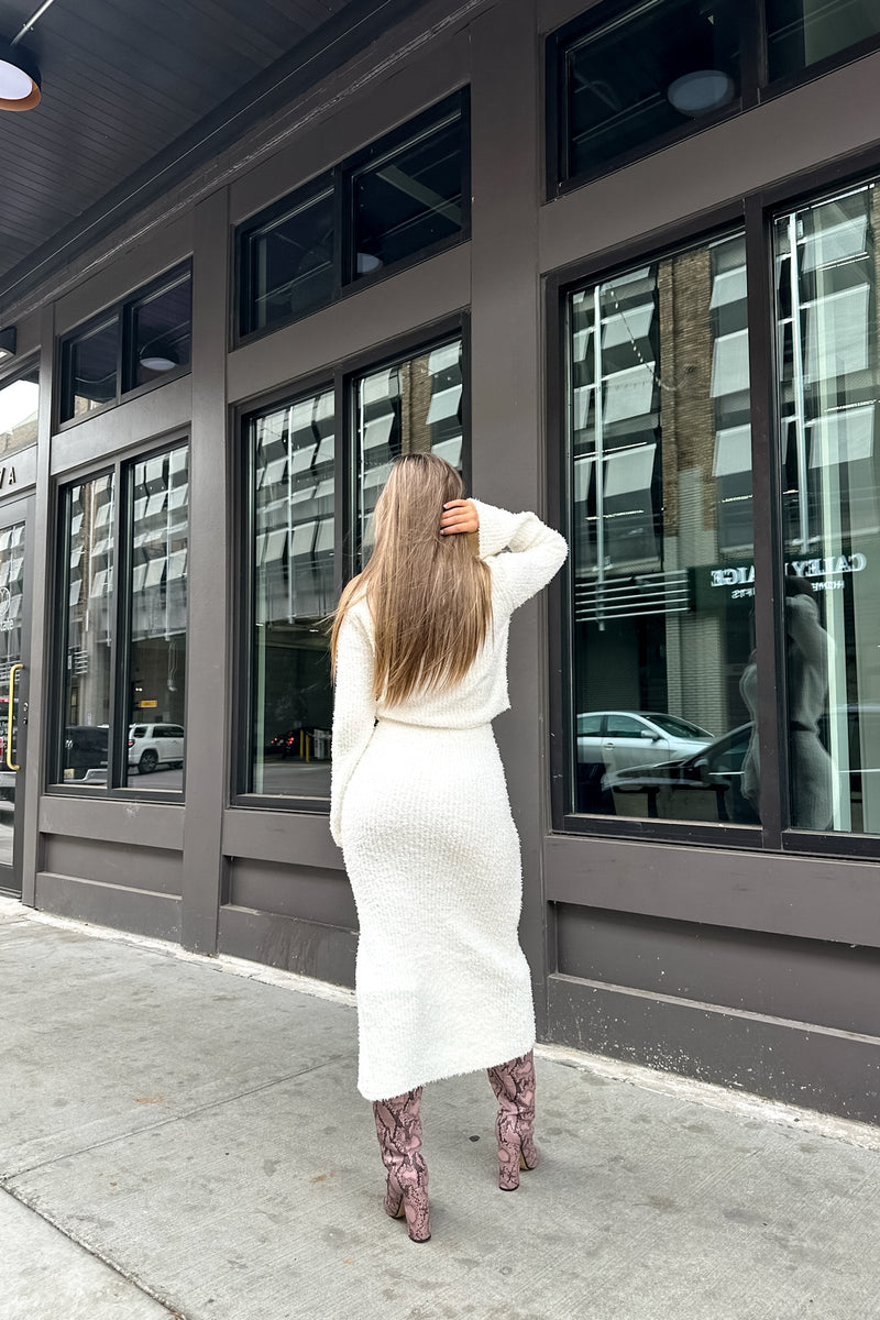 Cream Soft Knit Crop Top and Midi Skirt Set