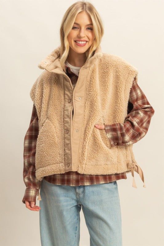Beige Oversized Sherpa Button Up Vest
