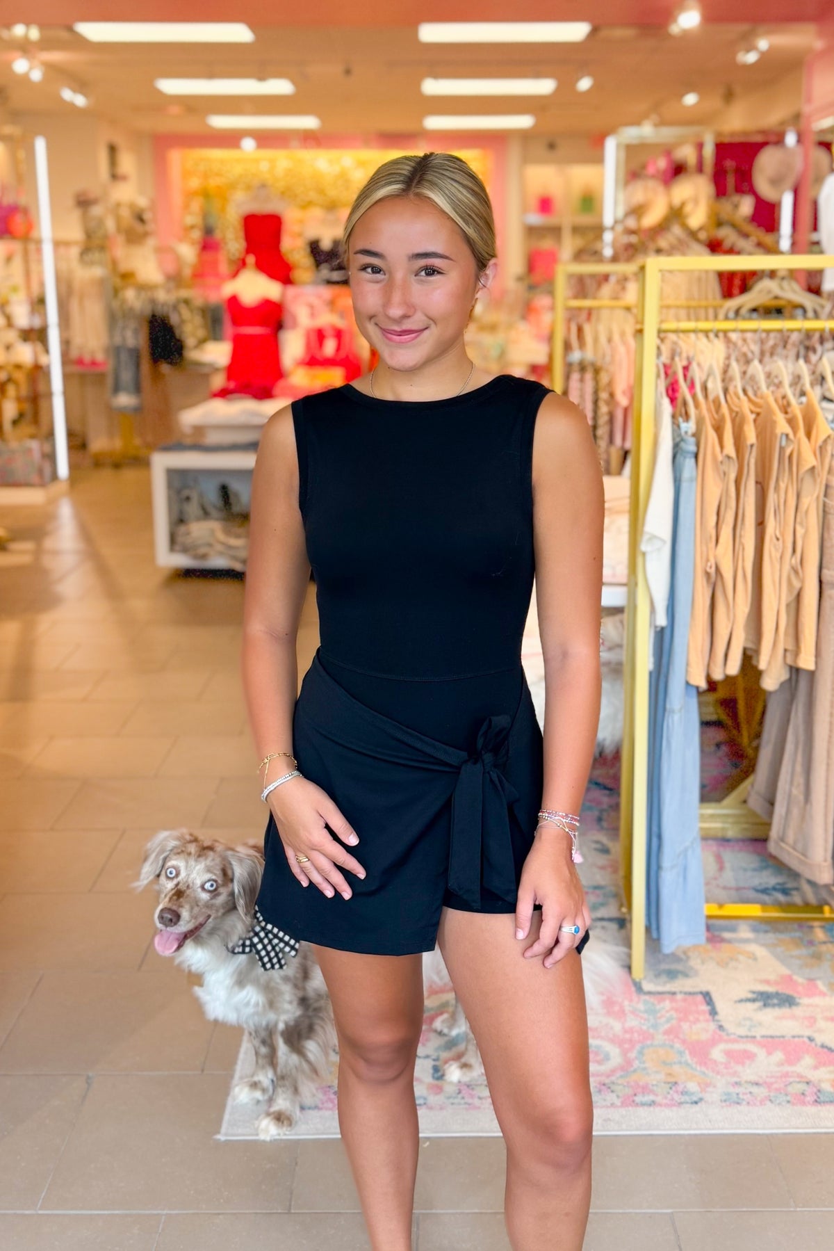 Black Gingham Sleeveless Wrap Front Tie Athletic Dress