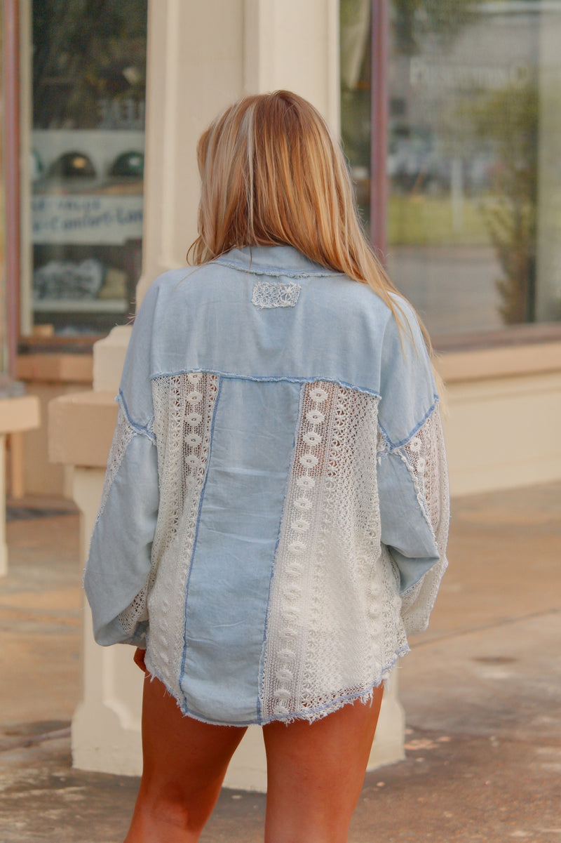Denim And Lace Collared Blouse