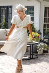 Floral Puff Sleeve Cut Out Midi Dress In White