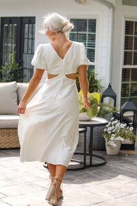 Floral Puff Sleeve Cut Out Midi Dress In White