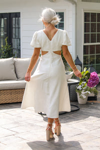 Floral Puff Sleeve Cut Out Midi Dress In White