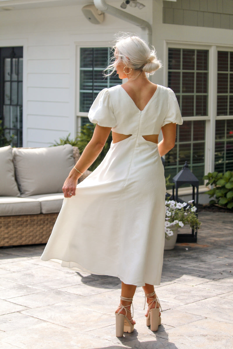 Floral Puff Sleeve Cut Out Midi Dress In White