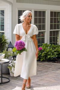 Floral Puff Sleeve Cut Out Midi Dress In White