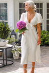 Floral Puff Sleeve Cut Out Midi Dress In White