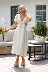 Floral Puff Sleeve Cut Out Midi Dress In White | Kendry Boutique