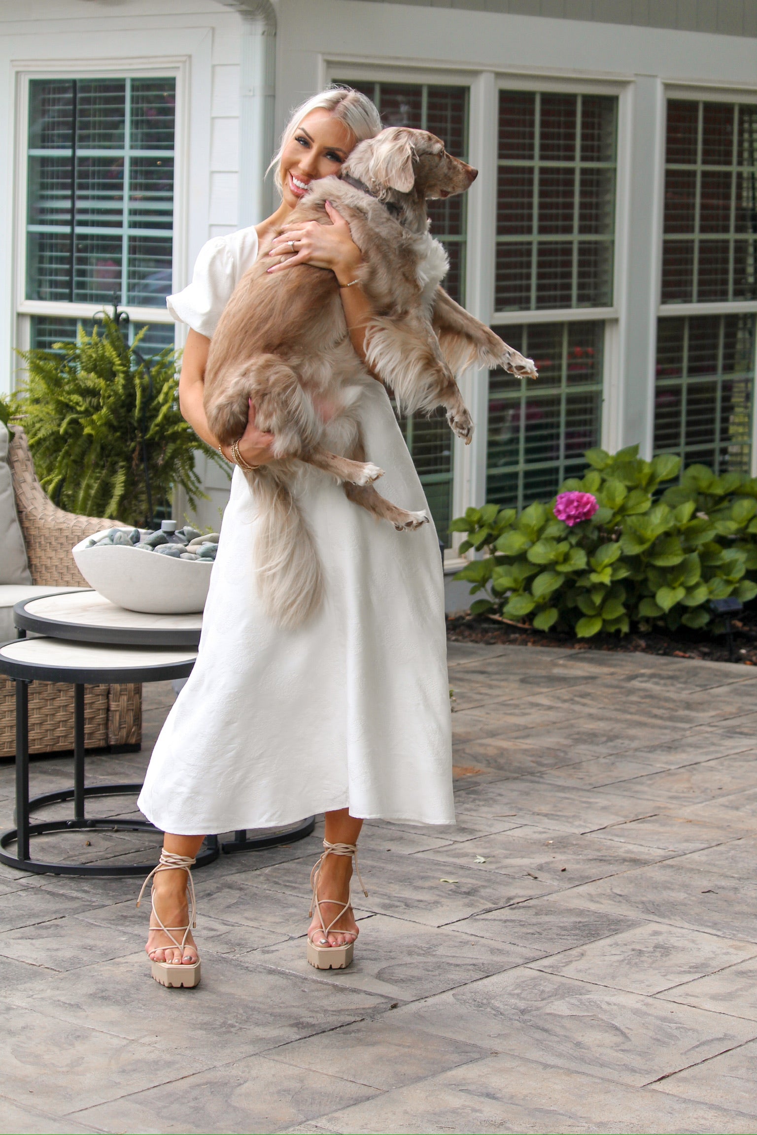 Floral Puff Sleeve Cut Out Midi Dress In White Floral Puff Sleeve Cut Out Midi Dress In White