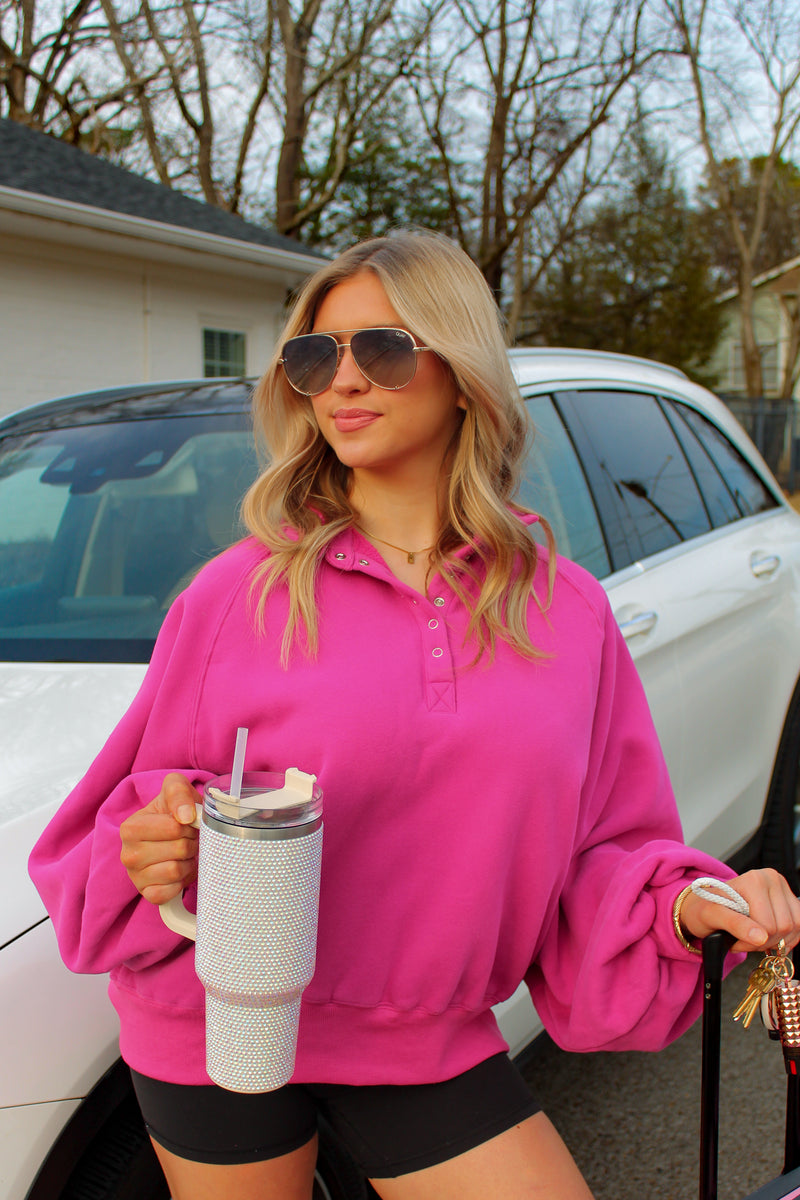 Fuchsia Pink Button Up Boyfriend Sweatshirt