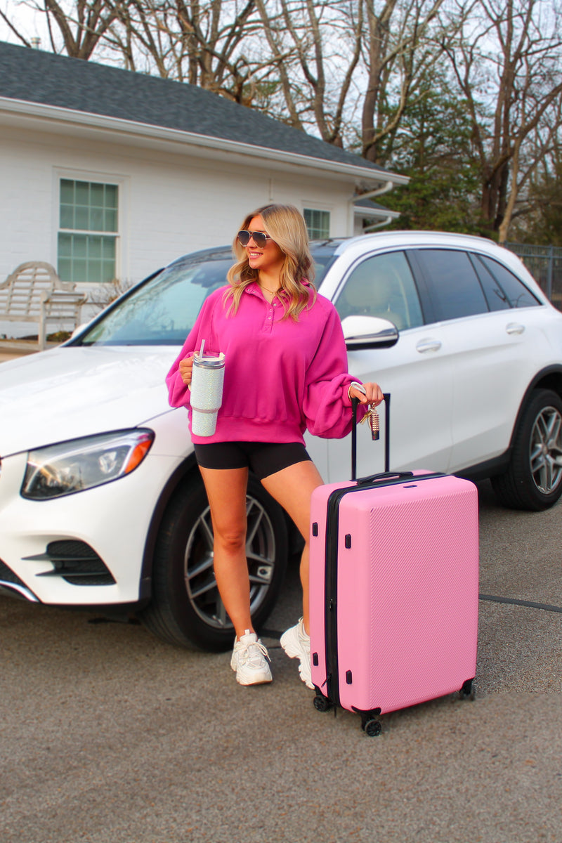 Fuchsia Pink Button Up Boyfriend Sweatshirt