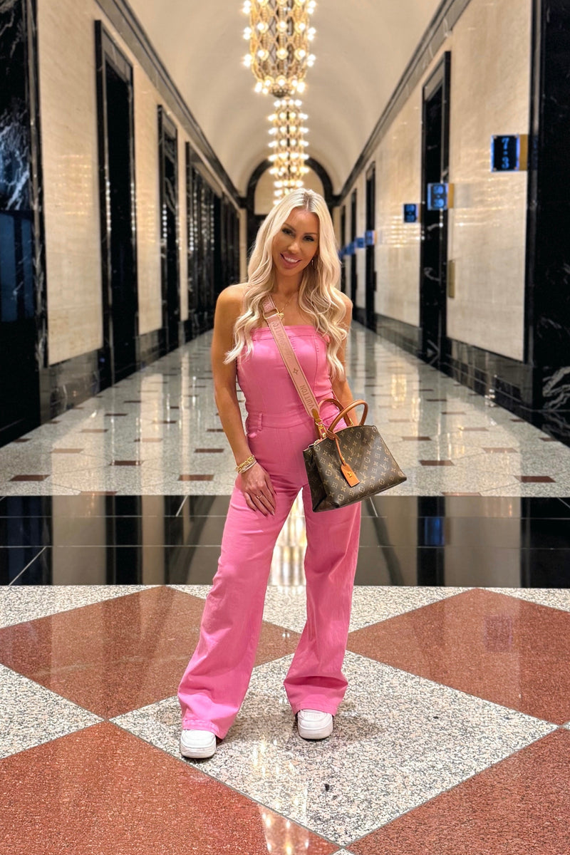 Hot Pink Denim Wide Leg Jumpsuit