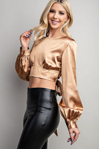 Gold Long Sleeve Crop Top With Bow Detail