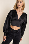 Black Long Sleeve Crop Top With Bow Detail