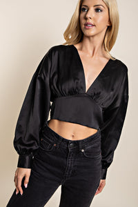 Black Long Sleeve Crop Top With Bow Detail