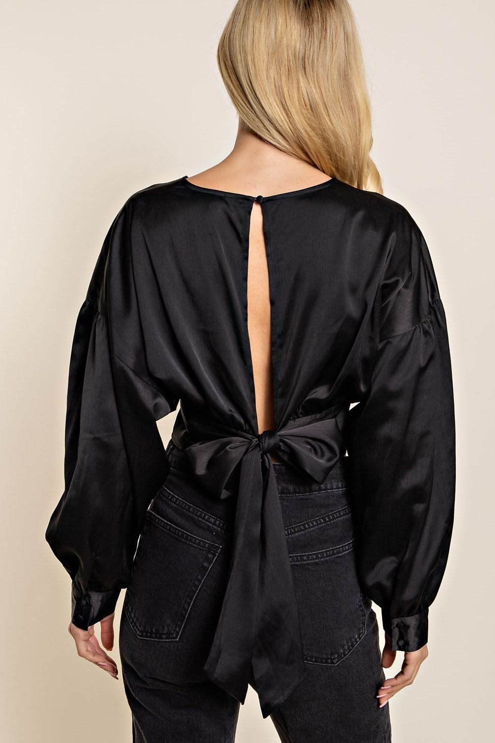 Black Long Sleeve Crop Top With Bow Detail