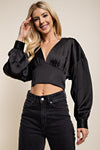 Black Long Sleeve Crop Top With Bow Detail