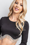 Black Rhinestone Fringe Cropped Long Sleeve Top