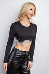 Black Rhinestone Fringe Cropped Long Sleeve Top