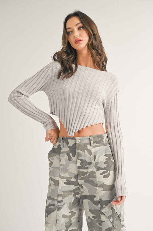 Gray Asymmetrical Ribbed Knit Sweater