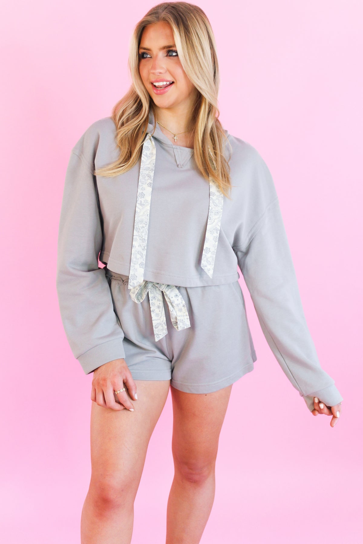 Grey Paisley Detail Cropped Hoodie Set - Shop At Kendry Boutique 