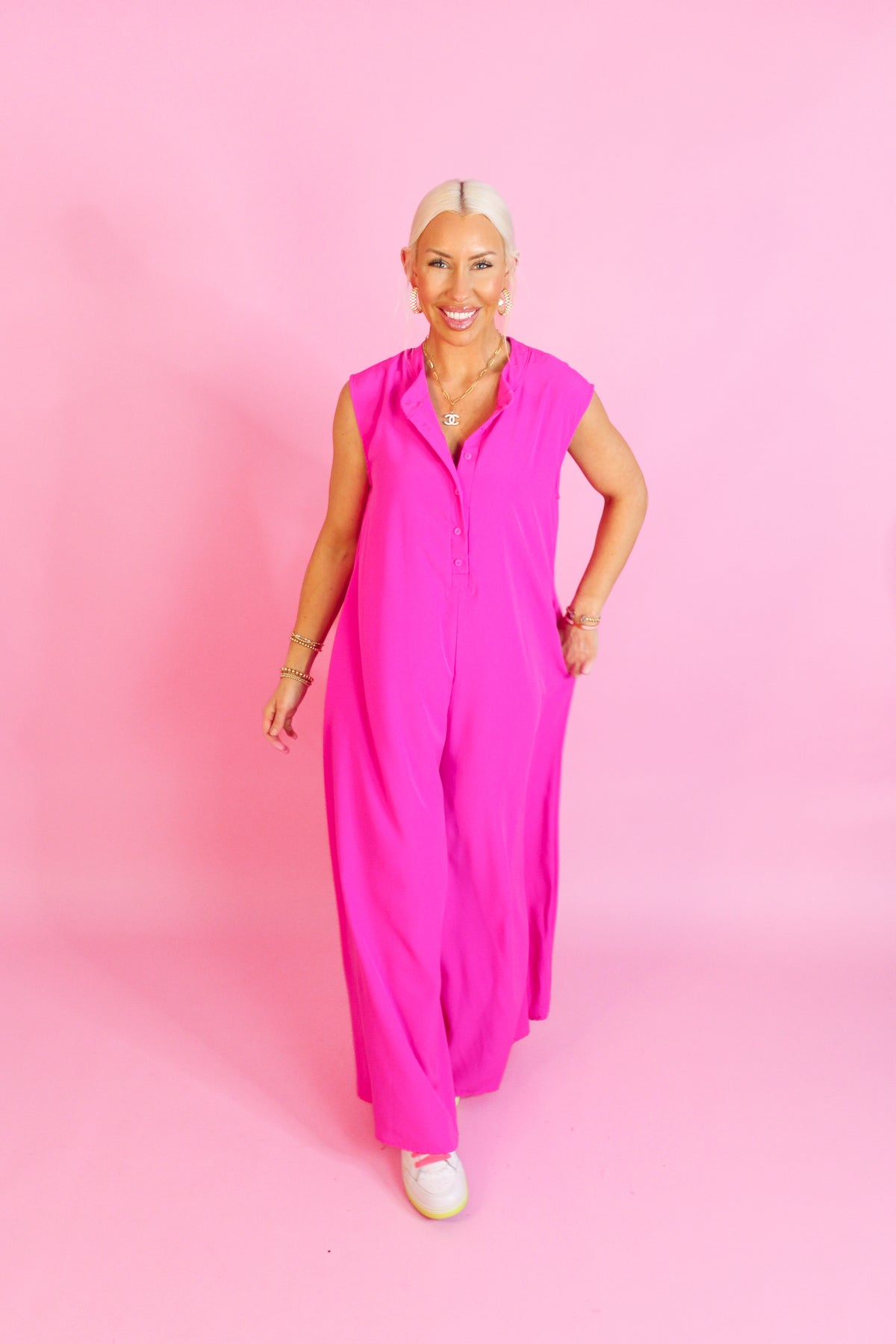 Hot Pink Button Up Wide Leg Jumpsuit - Shop Trendy Jumpsuits Now At Kendry Collection Boutique