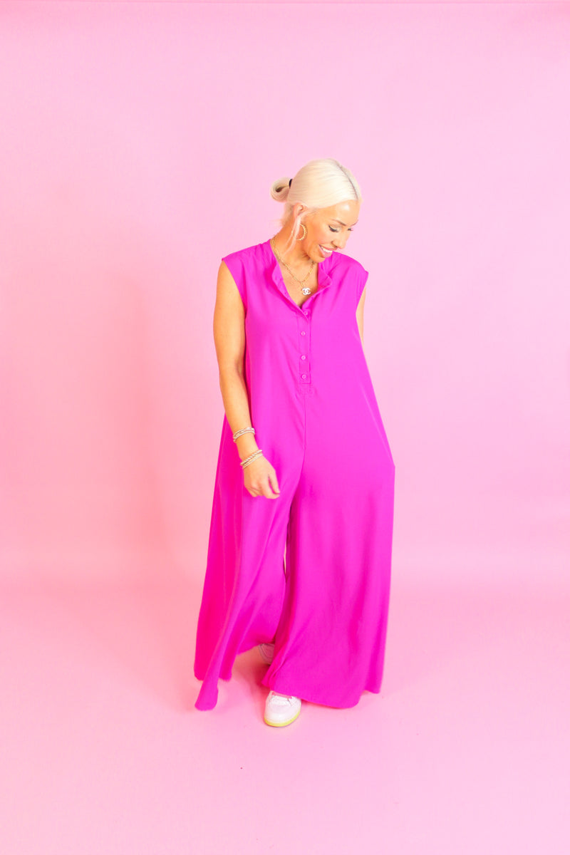 Hot Pink Button Up Wide Leg Jumpsuit - Shop Trendy Jumpsuits Now At Kendry Collection Boutique