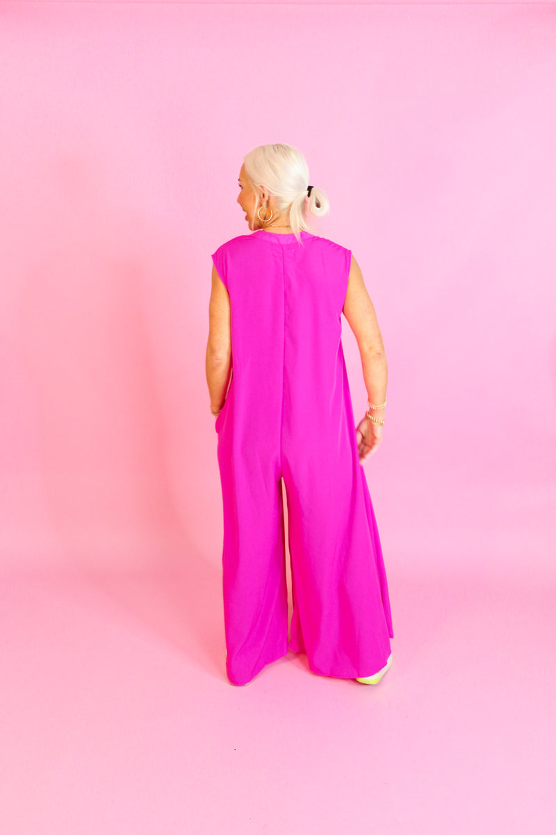 Hot Pink Button Up Wide Leg Jumpsuit - Shop Trendy Jumpsuits Now At Kendry Collection Boutique