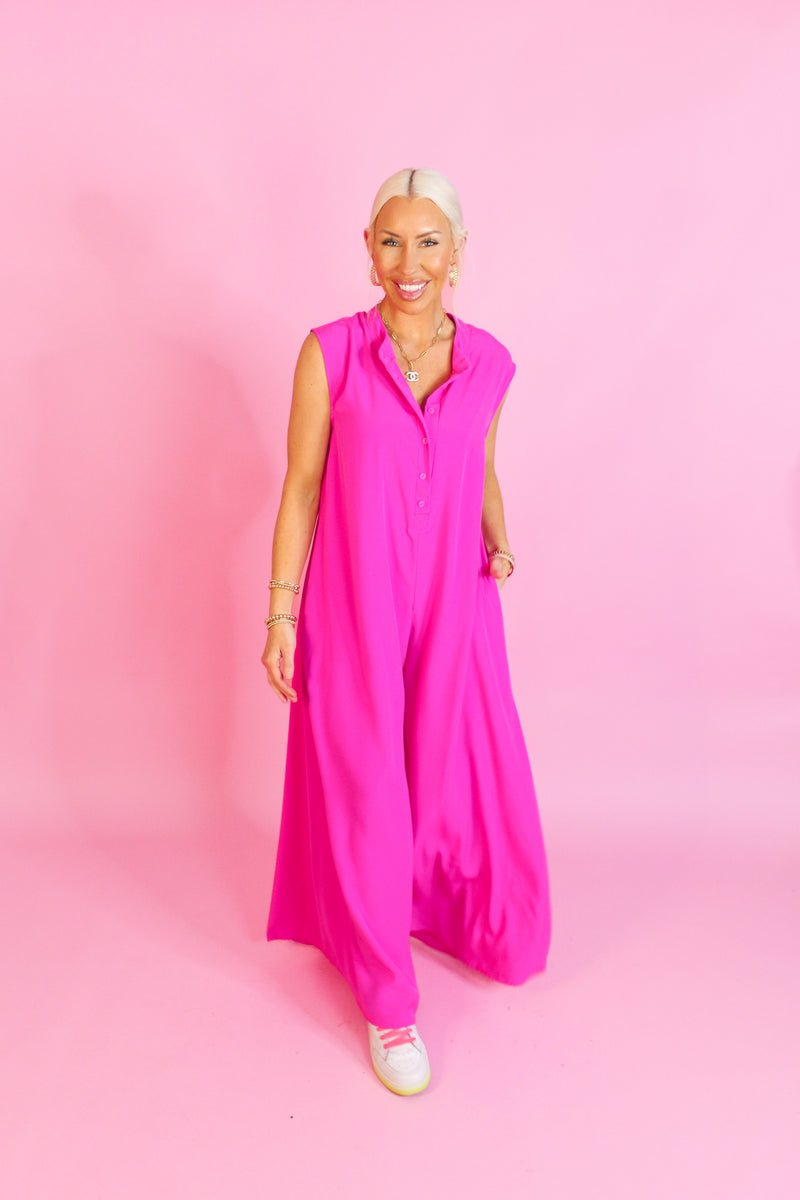 Hot Pink Button Up Wide Leg Jumpsuit - Shop Trendy Jumpsuits Now At Kendry Collection Boutique