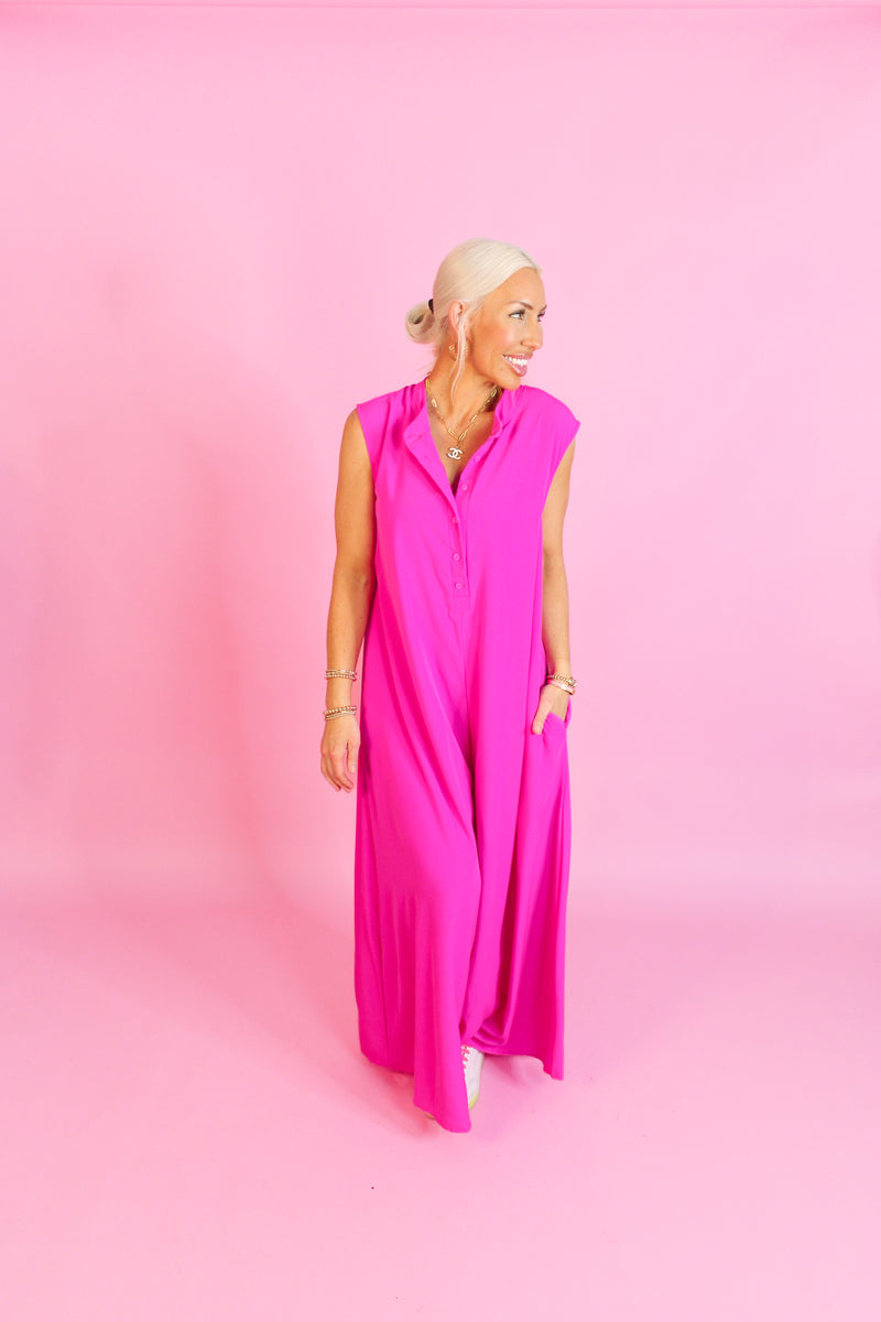 Hot Pink Button Up Wide Leg Jumpsuit - Shop Trendy Jumpsuits Now At Kendry Collection Boutique