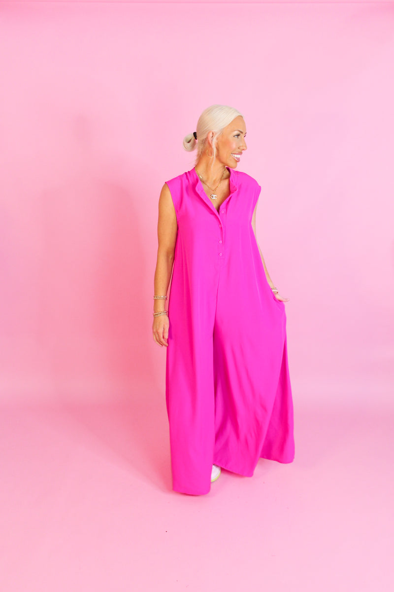 Hot Pink Button Up Wide Leg Jumpsuit - Shop Trendy Jumpsuits Now At Kendry Collection Boutique