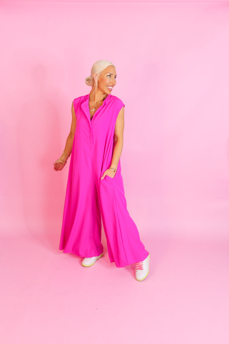 Hot Pink Button Up Wide Leg Jumpsuit - Shop Trendy Jumpsuits Now At Kendry Collection Boutique