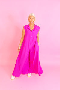 Hot Pink Button Up Wide Leg Jumpsuit - Shop Trendy Jumpsuits Now At Kendry Collection Boutique