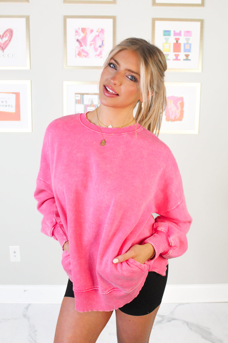 Hot Pink High Low Acid Wash Fleece Sweatshirt With Pockets - Shop Kendry Collection Boutique 