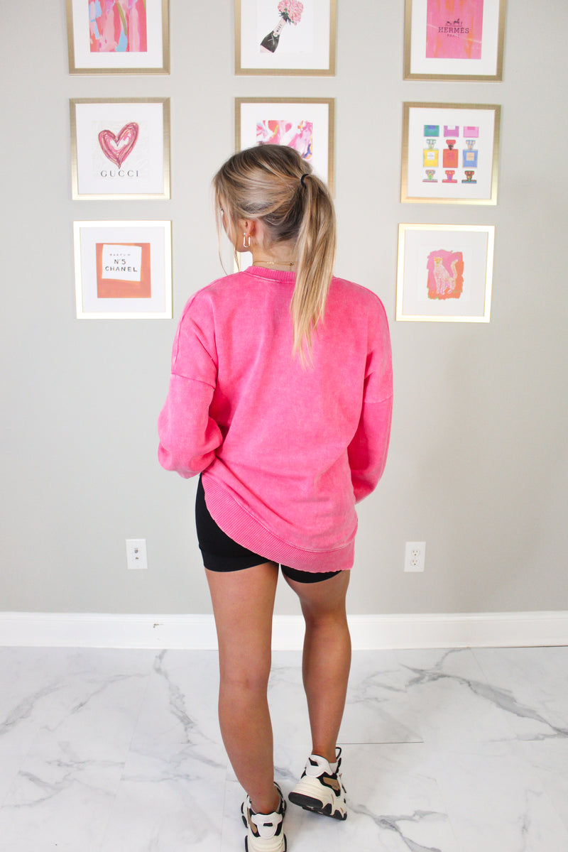 Hot Pink High Low Acid Wash Fleece Sweatshirt With Pockets - Shop Kendry Collection Boutique 