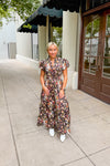 Brown Multi Color Floral Puff Sleeve Maxi Dress