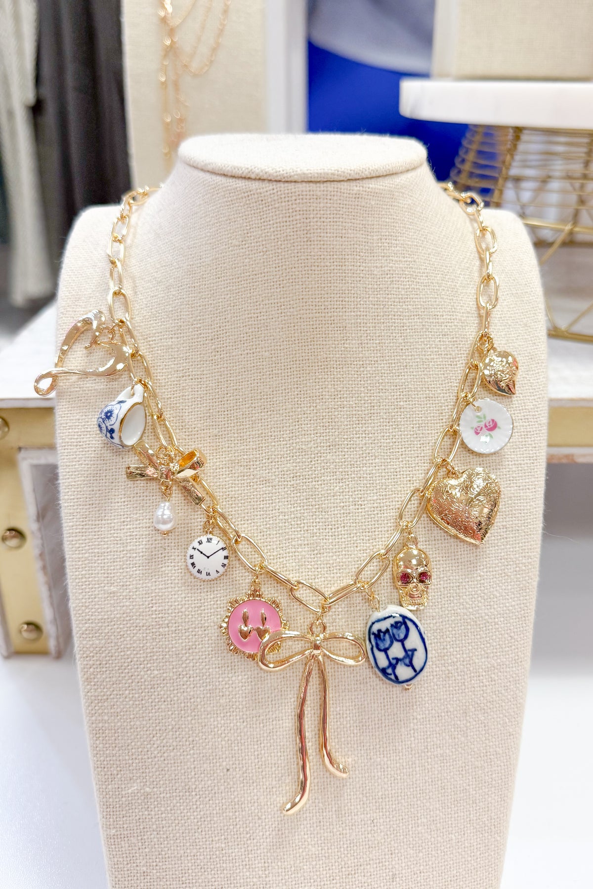Bow, Heart & Tea Cup Charm Necklace