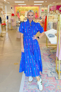 Blue Patterned Ruffle Neckline Maxi Dress