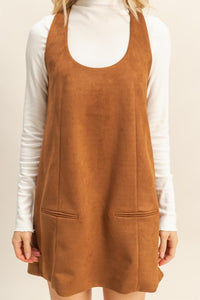 Camel Suede Mini Dress With Front Pockets