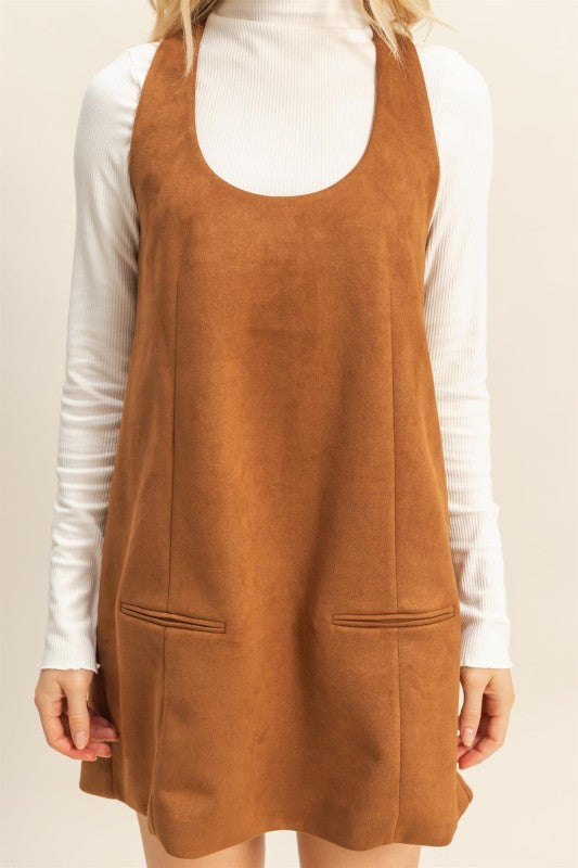 Camel Suede Mini Dress With Front Pockets