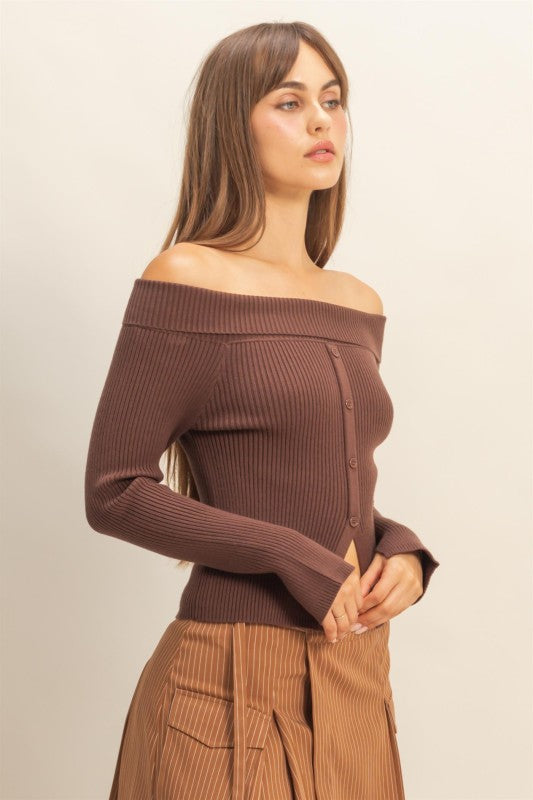 Brown Off The Shoulder Button Down Sweater